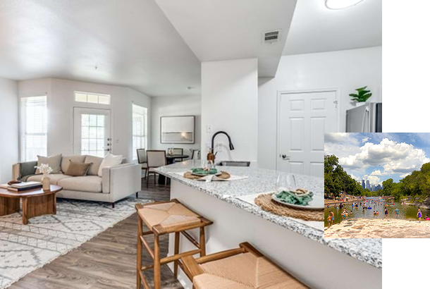 Creekstone apartment complex with an overlay of Barton Creek